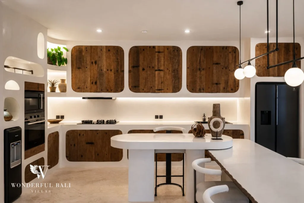 Wide view of the sculpted plaster and timber kitchen in a 4-bedroom villa in Canggu Bali