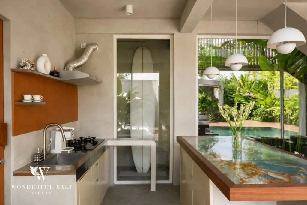3BR modern villa in Pererenan — living space with pool view