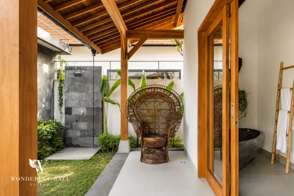 3BR tropical villa in Umalas — semi outdoor entrance with rattan chair
