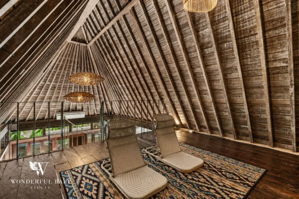 3BR tropical villa in Pererenan — open plan living under thatched roof