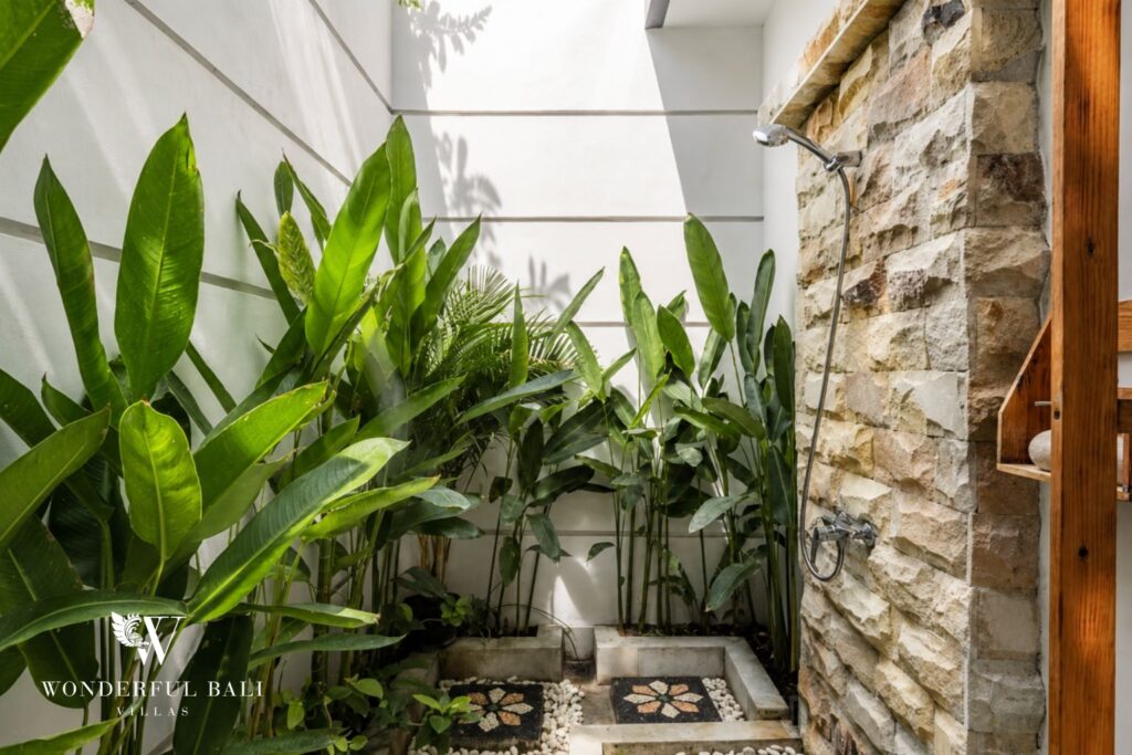 Tropical garden and plant-filled entrance at a villa in Batu Bolong, Canggu