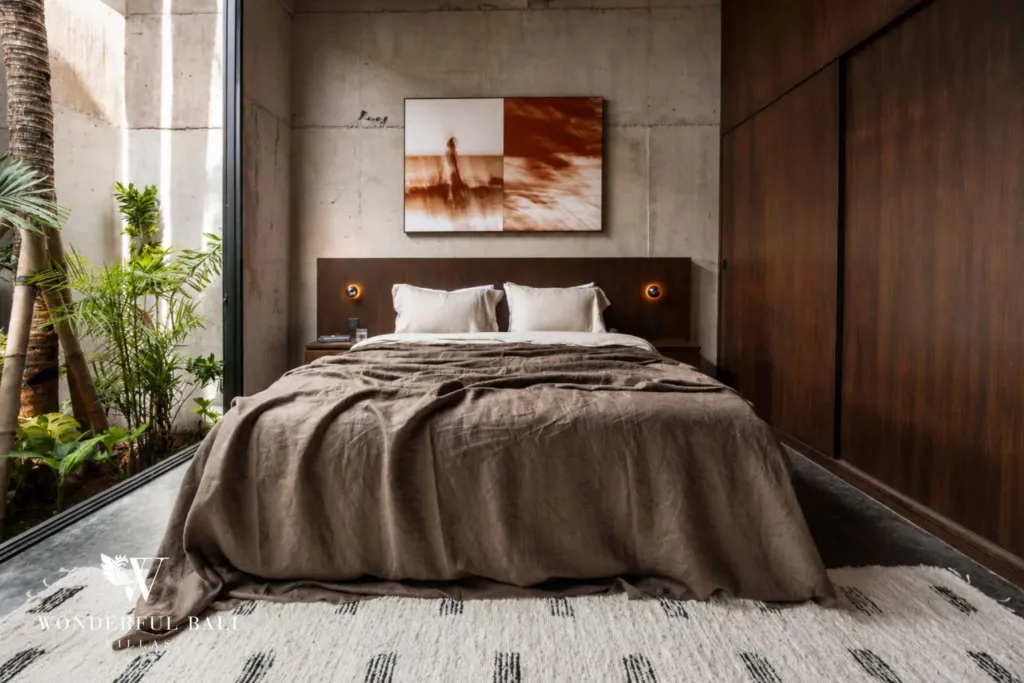 Bedroom with a timber headboard, brown linen bedding, framed surf artwork and full-height glass onto a planted courtyard at a 2-bedroom villa in Seseh, Bali
