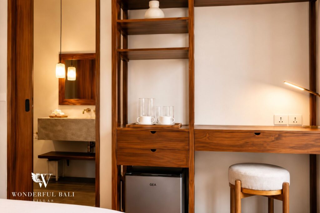 En-suite bathroom with vanity and stool at a villa in Berawa, Canggu