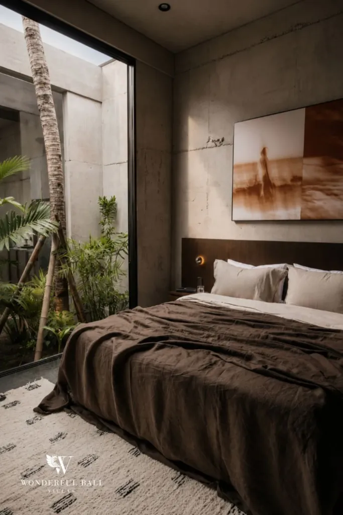 Moody view of the bedroom with brown linens, wall-mounted reading lights and a courtyard palm behind glass at a 2-bedroom villa in Seseh, Bali