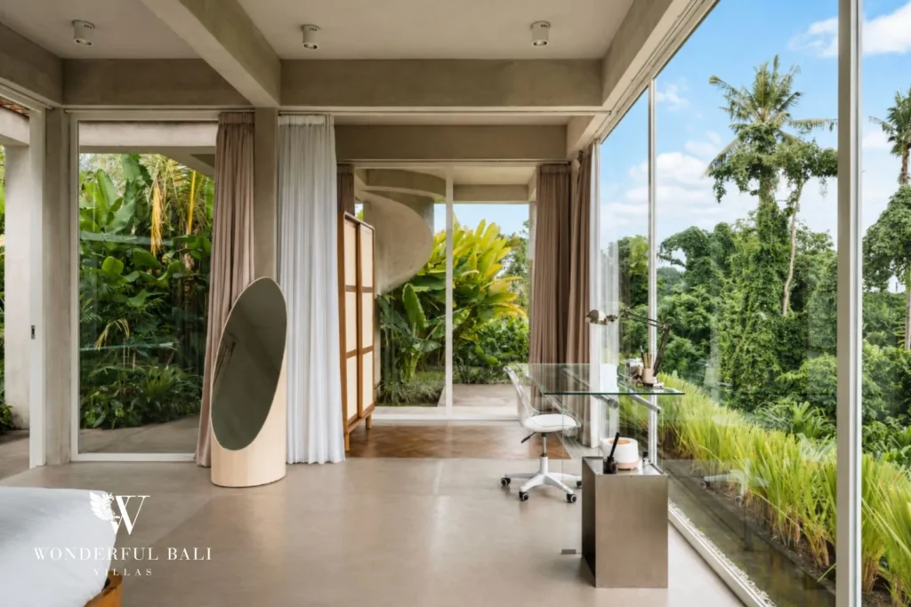 3BR modern villa in Pererenan — bedroom with floor to ceiling glass