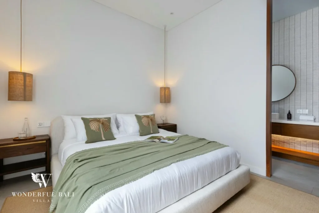 2BR modern villa in Umalas — bedroom with king bed and green accents