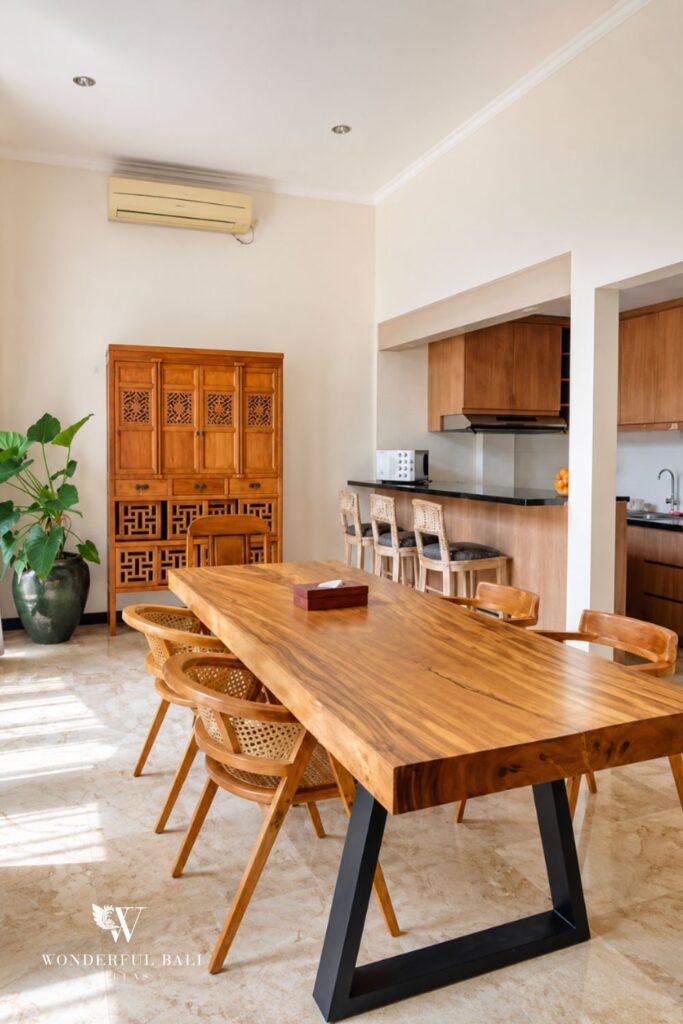 Dining area and kitchen at a villa in Seminyak