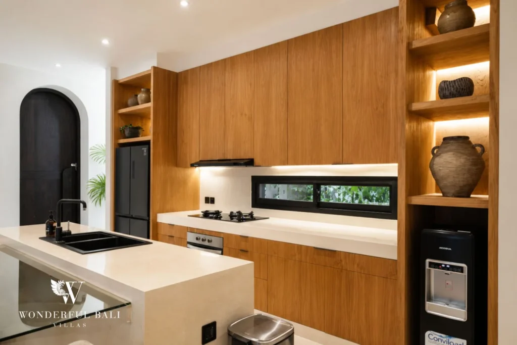 Teak kitchen cabinetry with stone counter and lit niches in a 4-bedroom villa in Canggu Bali