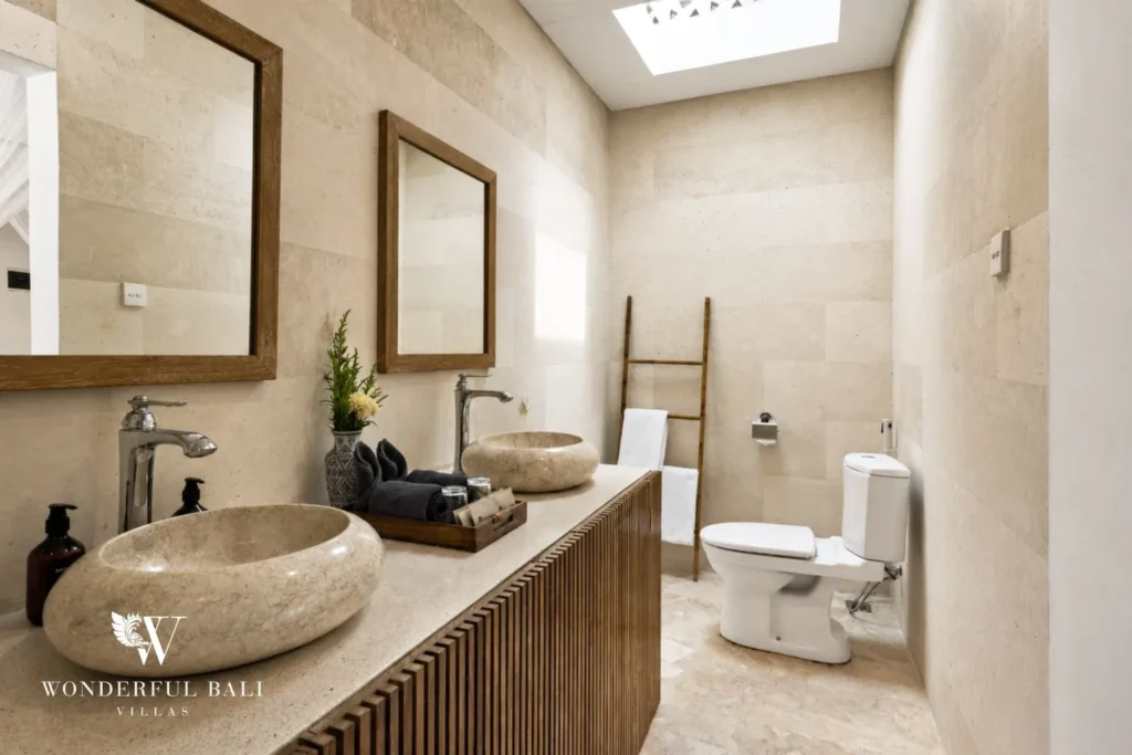 3BR tropical villa in Pererenan — en suite bathroom with stone basin