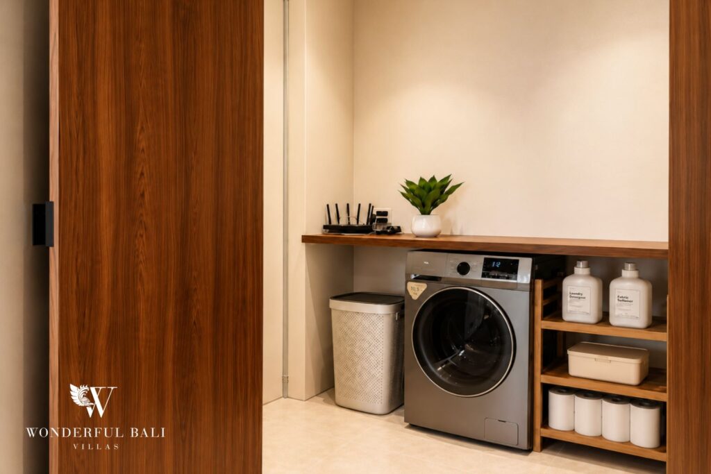 Dedicated laundry room with washer-dryer at a villa in Berawa, Canggu