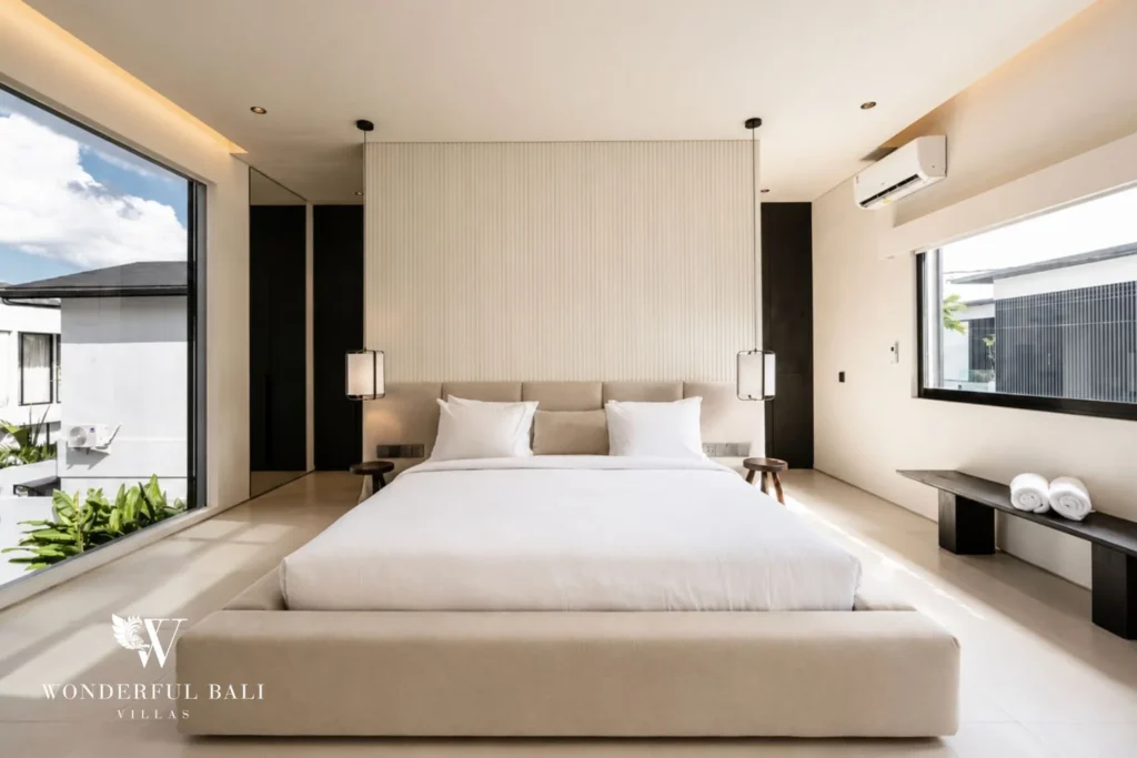 Upstairs master bedroom with slatted feature wall and pendant lighting at a villa in Umalas, Bali