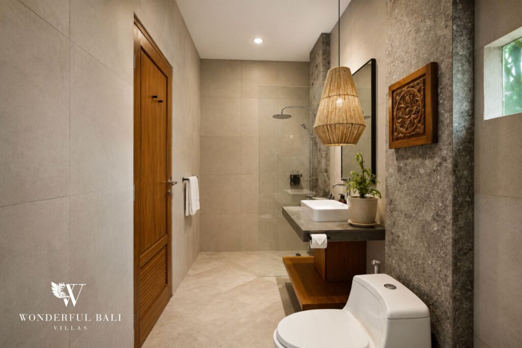 En-suite bathroom with vanity and mirror at a villa in Canggu