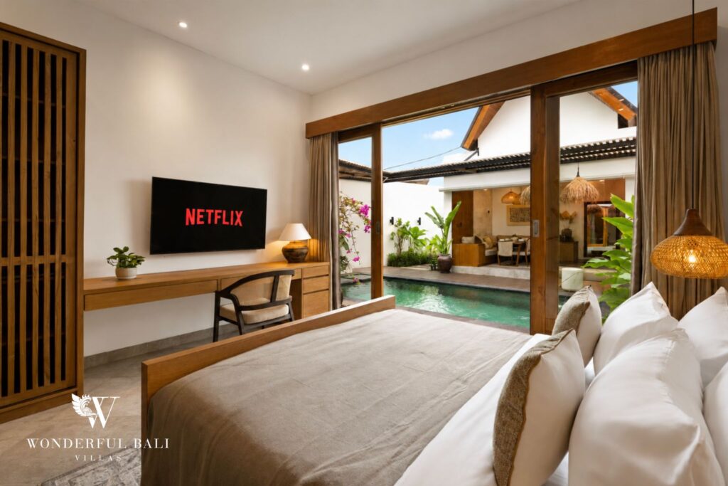 En-suite king bedroom opening to the pool at a villa in Canggu