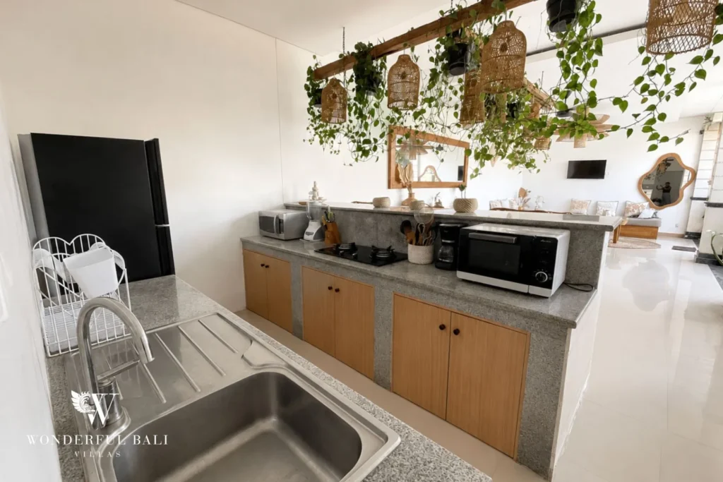 Kitchen with hanging plants and stone worktop at a villa in Batu Bolong, Canggu