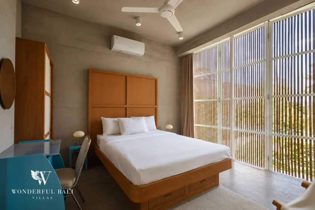 3BR modern villa in Pererenan — bedroom with rice field view