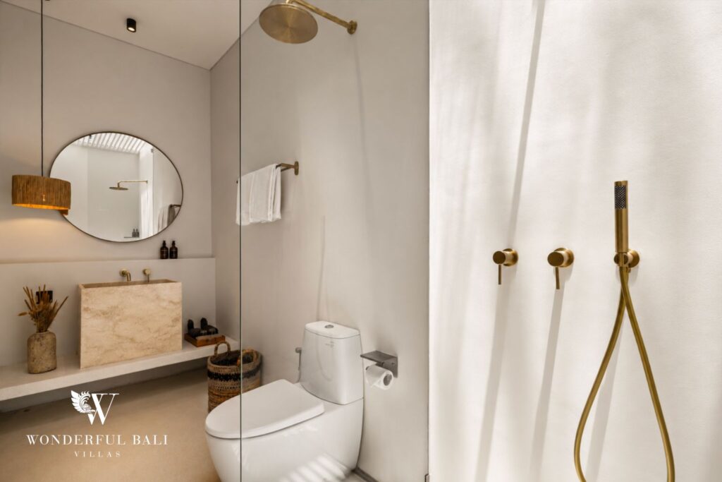 En-suite bathroom with shower at a villa in Petitenget, Seminyak