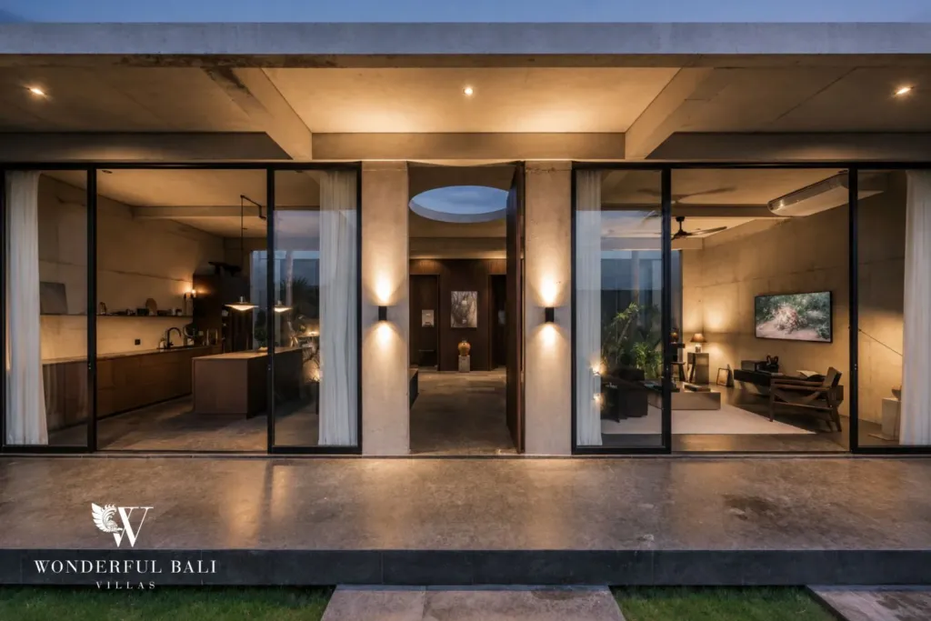 Illuminated villa facade at dusk with warm interior lighting glowing through black steel-framed glass doors onto the living and kitchen spaces at a 2-bedroom villa in Seseh, Bali