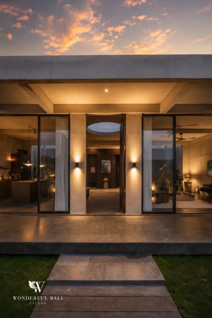 Concrete villa entrance glowing at sunset with uplit walls and a warmly lit open-plan interior seen through the glass doors at a 2-bedroom villa in Seseh, Bali