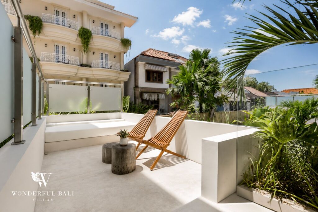 Pool terrace and villa exterior at a villa in Petitenget, Seminyak