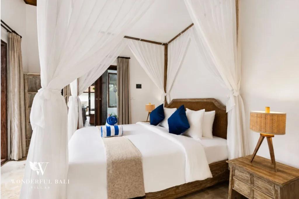 3BR tropical villa in Pererenan — third bedroom with four poster canopy bed