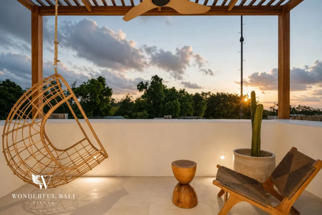 A rooftop terrace under a timber pergola with a hanging rattan chair and lounge seat at sunset, at a 2-bedroom villa in Bingin, Uluwatu, Bali