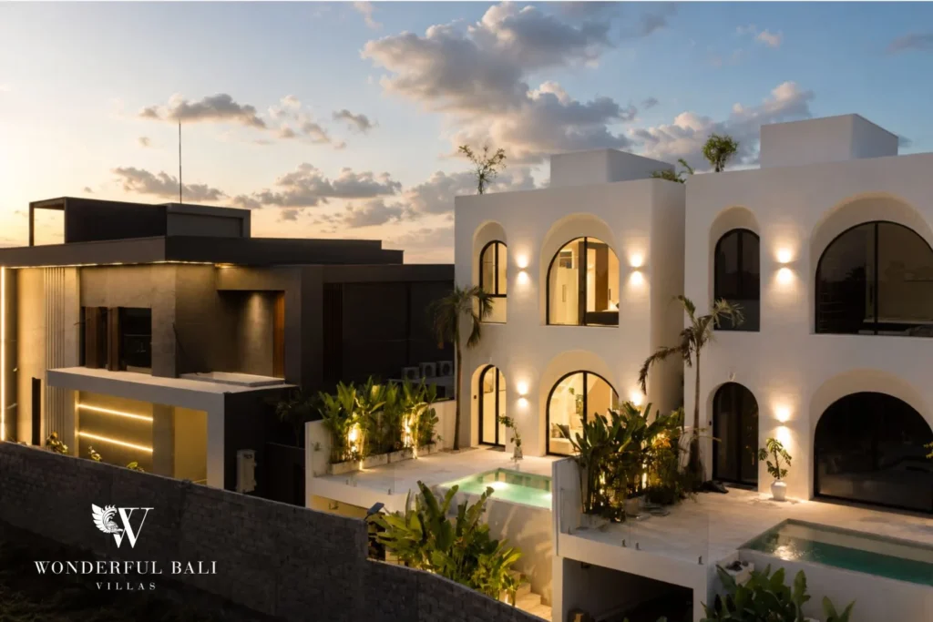 3BR ocean-view villa in Seseh — villa exterior and pool at dusk