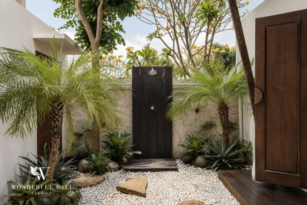 3BR tropical villa in Pererenan — semi outdoor shower with tropical garden