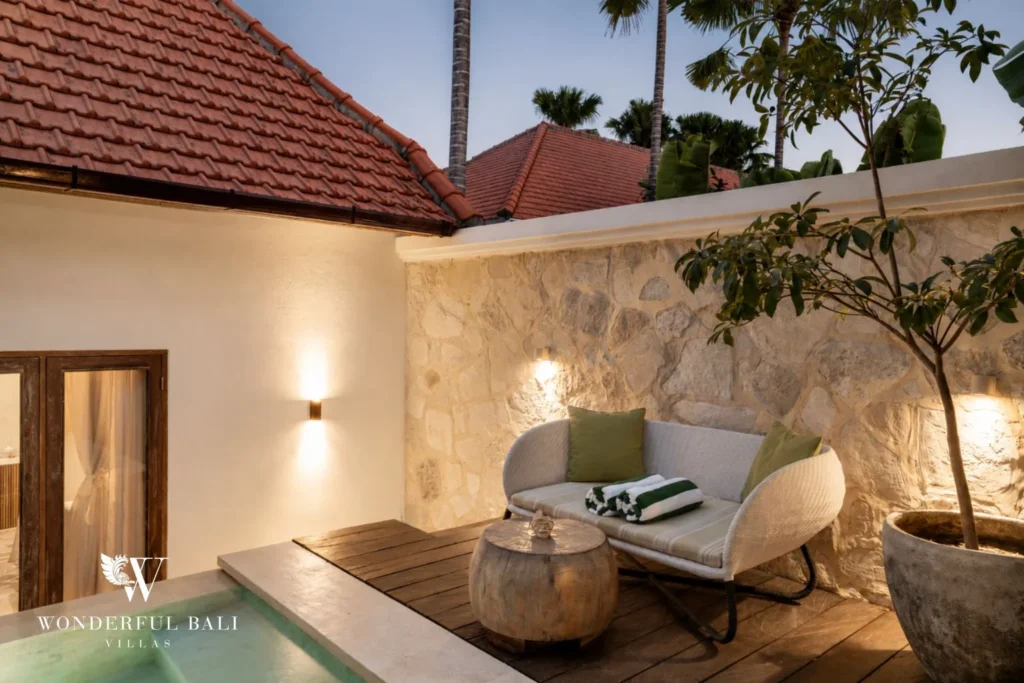 3BR tropical villa in Pererenan — garden lounge seating area at dusk