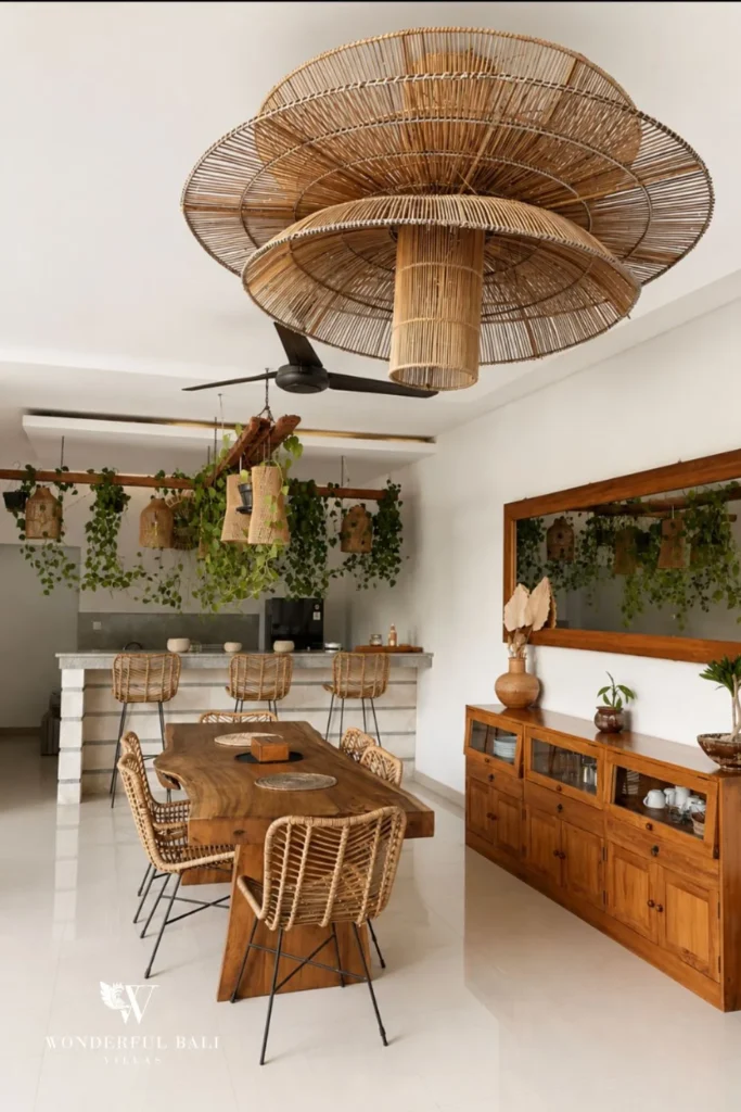 Boho dining area with rattan pendant at a villa in Batu Bolong, Canggu