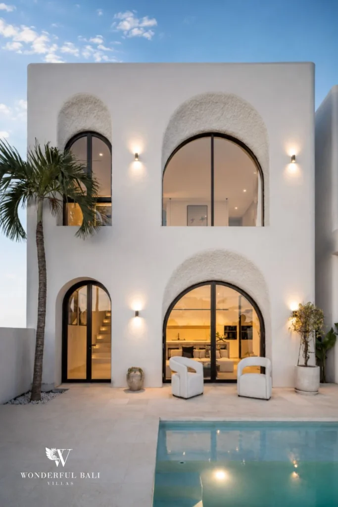 3BR ocean-view villa in Seseh — villa facade and pool at dusk