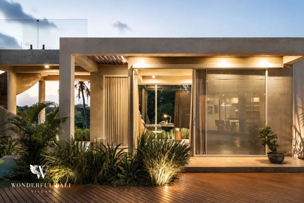 3BR modern villa in Pererenan — covered terrace lounge at dusk