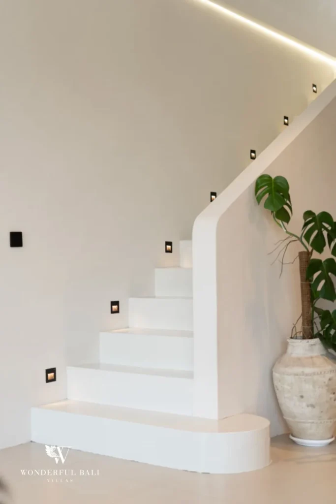 3BR ocean-view villa in Seseh — white interior staircase