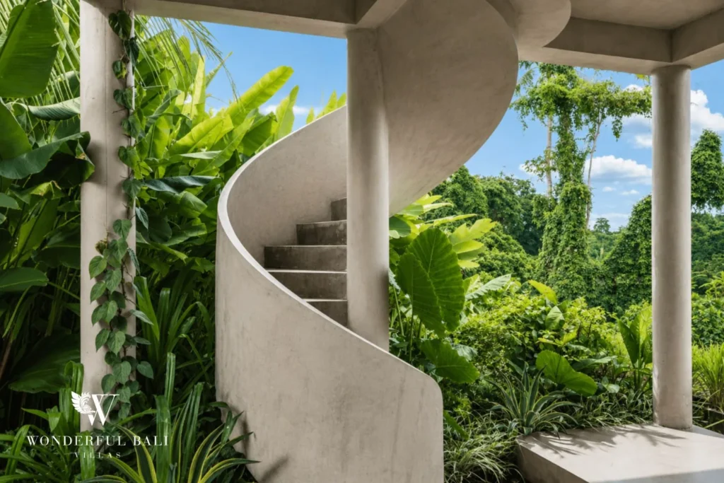 3BR modern villa in Pererenan — spiral concrete staircase