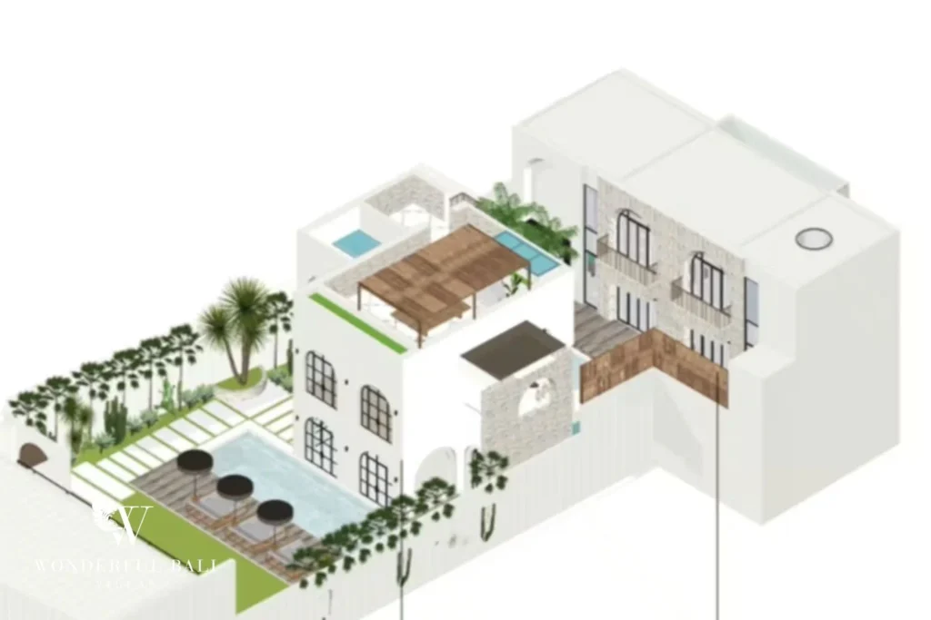 Three-dimensional layout plan of a 4-bedroom villa in Canggu Bali