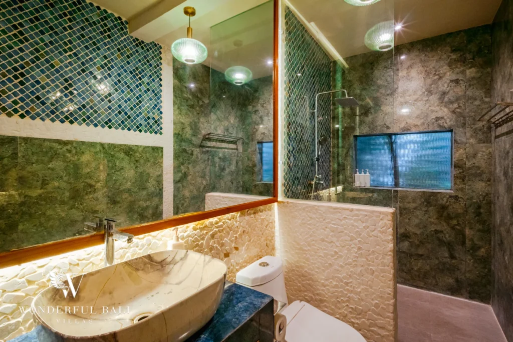 4BR villa for rent in Padonan, Canggu — bathroom green marble