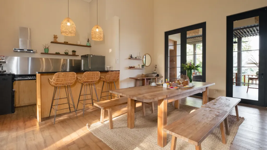 Kitchen and dining at M Villa 318, a 5-bedroom private-pool villa a short walk from Batu Bolong Beach in Canggu, Bali