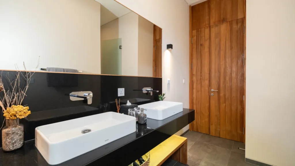Bedroom two ensuite vanity at M Villa 318, a 5-bedroom private-pool villa a short walk from Batu Bolong Beach in Canggu, Bali
