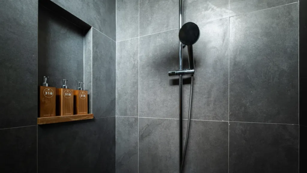Bedroom two ensuite shower at M Villa 318, a 5-bedroom private-pool villa a short walk from Batu Bolong Beach in Canggu, Bali