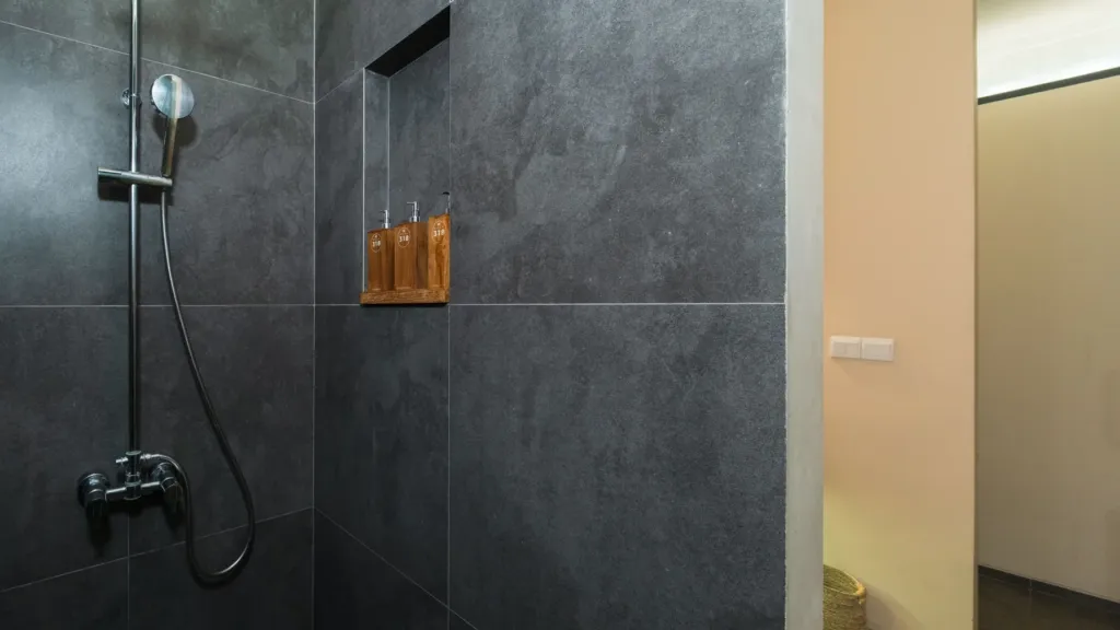 Bedroom three ensuite shower at M Villa 318, a 5-bedroom private-pool villa a short walk from Batu Bolong Beach in Canggu, Bali