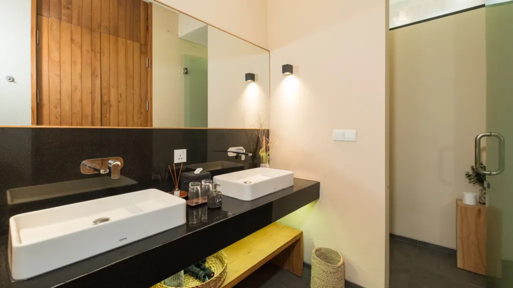 Bedroom three ensuite vanity at M Villa 318, a 5-bedroom private-pool villa a short walk from Batu Bolong Beach in Canggu, Bali