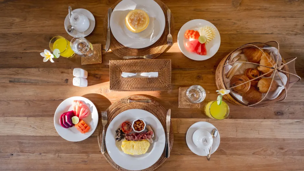 Breakfast spread at M Villa 318, a 5-bedroom private-pool villa a short walk from Batu Bolong Beach in Canggu, Bali