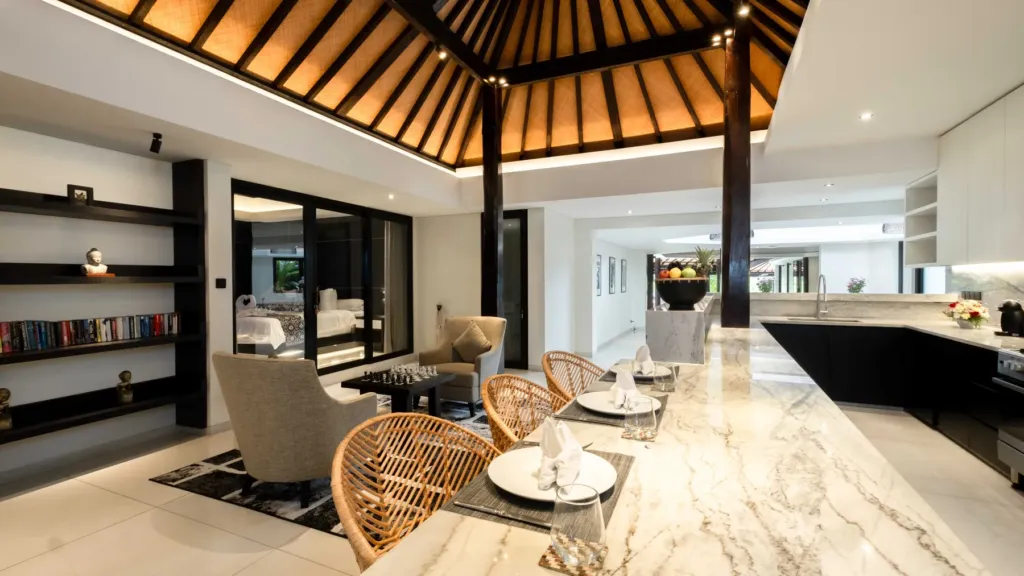 Bar and lounge area at Villa Kubu Dewi Sri, a 5-bedroom private-pool villa in Berawa, Canggu, Bali
