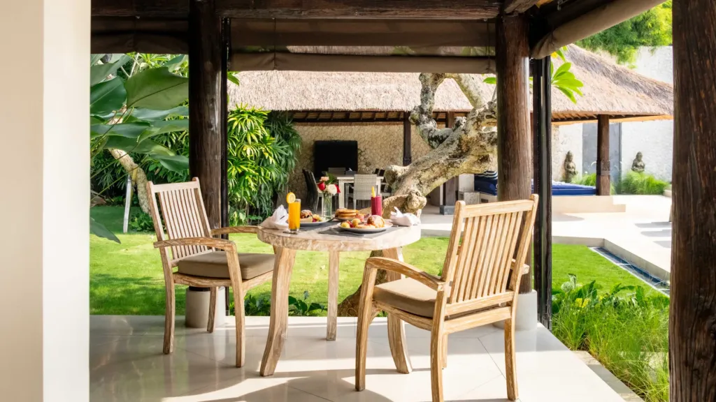 Garden gazebo dining at Villa Kubu Dewi Sri, a 5-bedroom private-pool villa in Berawa, Canggu, Bali