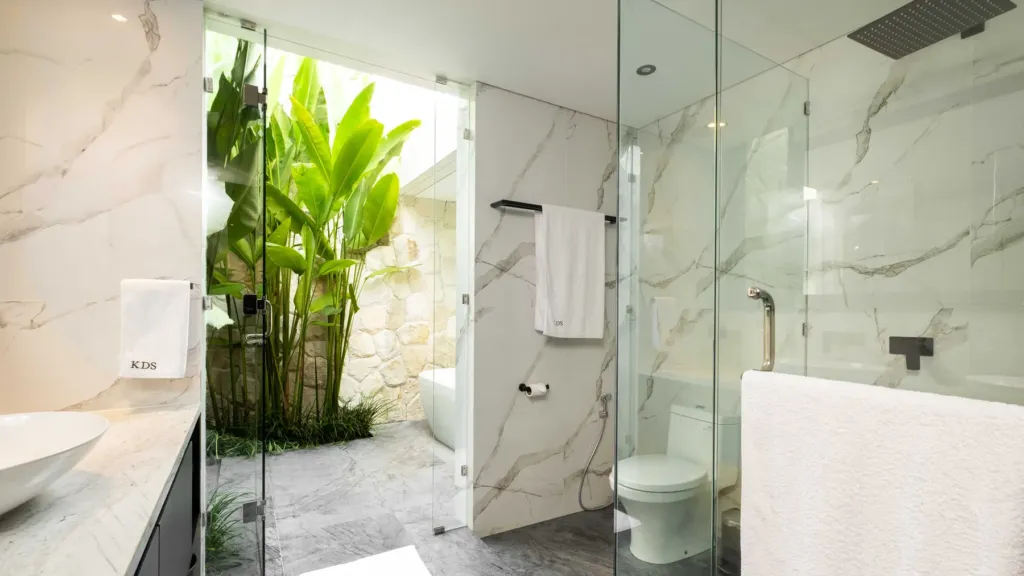 Bedroom one ensuite shower at Villa Kubu Dewi Sri, a 5-bedroom private-pool villa in Berawa, Canggu, Bali