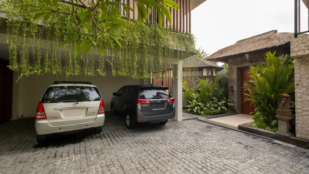 Covered parking at Villa Kubu Dewi Sri, a 5-bedroom private-pool villa in Berawa, Canggu, Bali
