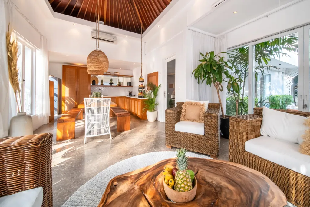 Villa Moana, Canggu — living room, villa Moana looking through to the kitchen and breakfast bar