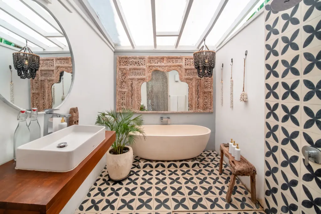 Villa Moana, Canggu — bathroom, villa Moana with freestanding bathtub and patterned tile floor