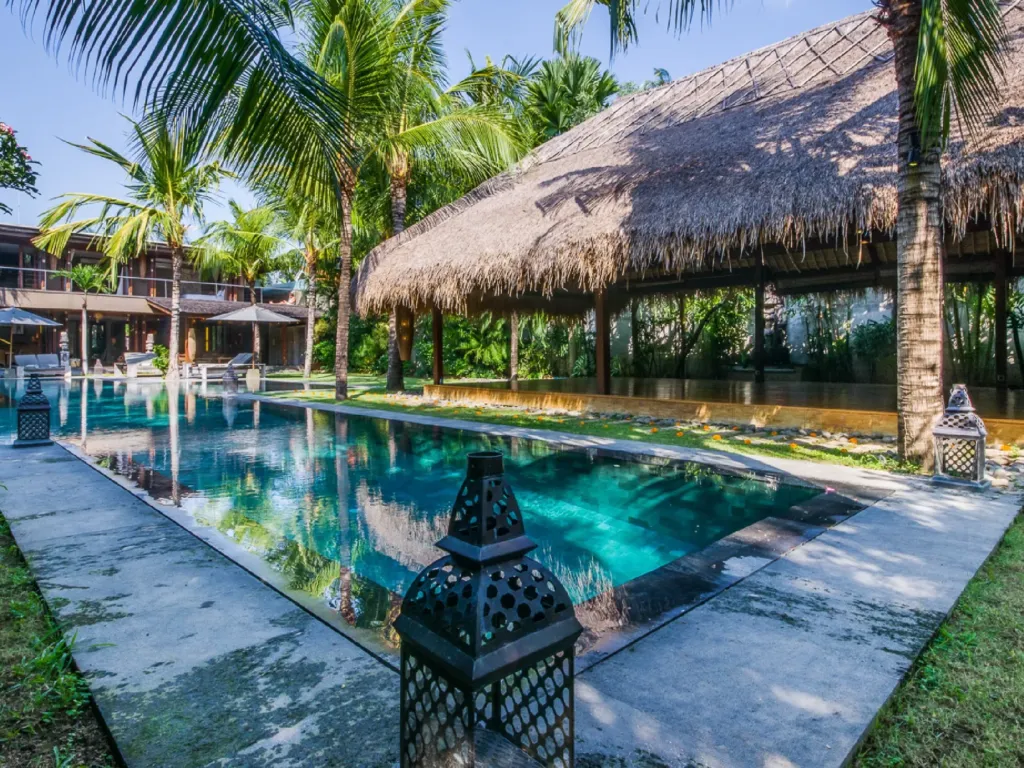 The 15-metre pool at Villa Yoga running the length of the garden, Seminyak