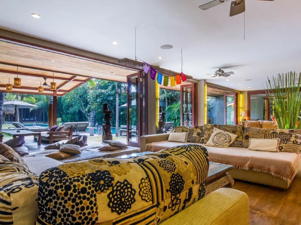 Seating and home cinema in the living pavilion at Villa Yoga, Seminyak