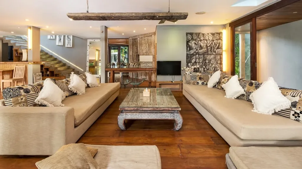 Sofas and coffee table in the living area at Villa Yoga, Seminyak